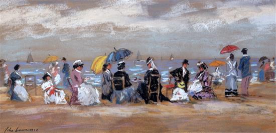 John Laurence (b.1934) Edwardians on the beach, 9.5 x 19.5in.